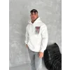 Erkek Kapüşonlu Kanguru Cepli Sweatshirt 3 İplik Pamuklu Baskılı Hoodie - Beyaz