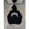 Erkek Kapüşonlu Kanguru Cepli Sweatshirt 3 İplik Pamuklu Baskılı Hoodie - Siyah
