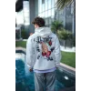Erkek Kapüşonlu Kanguru Cepli Sweatshirt 3 İplik Pamuklu Baskılı Hoodie - Beyaz