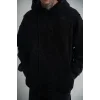 ERKEK 3 iplik Pamuklu Kapüşonlu Yıkamalı Nakışlı Hoodie SweatShirt - Siyah