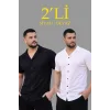 Erkek Waffle Kumaş Açık Yakalı Düğmeli Regular Fit Gömlek 2’li Set Siyah-Beyaz