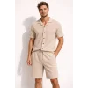 Erkek Waffle Kumaş Kısa Kol Gömlek Şort Takım Regular Yazlık İkili Set - Bej