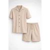 Erkek Waffle Kumaş Kısa Kol Gömlek Şort Takım Regular Yazlık İkili Set - Bej