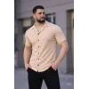 Erkek Waffle Kumaş Kısa Kollu Düğmeli Açık Yaka Regular Fit Gömlek - Bej