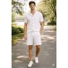 Erkek Waffle Kumaş Kısa Kollu Gömlek Şort Takım Regular Fit Yazlık İkili Set - Beyaz