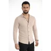 Erkek Waffle Kumaş Uzun Kollu Düğmeli Açık Yaka Regular Fit Gömlek - Bej