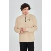 Erkek Yarım Fermuarlı Baskılı 3 iplik pamuklu sweatshirt - Bej