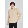 Erkek Yarım Fermuarlı Baskılı 3 iplik pamuklu sweatshirt - Bej