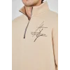 Erkek Yarım Fermuarlı Baskılı 3 iplik pamuklu sweatshirt - Bej