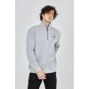 Erkek Yarım Fermuarlı Baskılı 3 iplik pamuklu sweatshirt - Gri