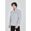 Erkek Yarım Fermuarlı Baskılı 3 iplik pamuklu sweatshirt - Gri
