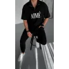 ERKEK Tişört Yakalı Yarım Fermuarlı  Kısa Kol Baskılı T-Shirt - Siyah