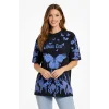 Kadın Asit Yıkamalı Oversize Tişört Mavi Kelebek Baskılı Dijital Print Bisiklet Yaka Streetwear T-Shirt - Siyah