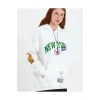 Kadın Oversize Kapüşonlu Cepli Ön Kol Baskılı 3 İplik Pamuklu Hoodie Sweatshirt - Beyaz