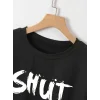 Kadın Tişört Shut Up Baskılı Kısa Kol Bisiklet Yaka T-Shirt - Siyah