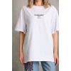 Kadın Kısa Kol Yazlık Tişört Bisiklet Yaka Baskılı Oversize T-Shirt - Beyaz