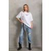 Kadın Kısa Kol Yazlık Tişört Bisiklet Yaka Baskılı Oversize T-Shirt - Beyaz