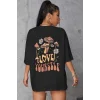 Kadın Baskılı Oversize kısa kol T-Shirt - Siyah