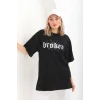 Kadın Kısa Kol Yazlık Tişört Bisiklet Yaka Baskılı Oversize T-Shirt - Siyah