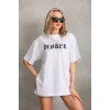 Kadın Kısa Kol Yazlık Tişört Bisiklet Yaka Baskılı Oversize T-Shirt - Beyaz