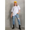 Kadın Kısa Kol Yazlık Tişört Bisiklet Yaka Baskılı Oversize T-Shirt - Beyaz