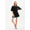 Kadın Kısa Kol Yazlık Tişört Bisiklet Yaka Baskılı Oversize T-Shirt - Siyah