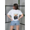 Kadın Bisiklet Yaka Baskılı Kısa kol Oversize T-Shirt- Beyaz