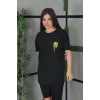 Kadın Bisiklet Yaka Baskılı  Kısa kol Oversize T-Shirt - Siyah