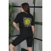 Kadın Bisiklet Yaka Baskılı  Kısa kol Oversize T-Shirt - Siyah