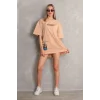 kadın Bisiklet Yaka Baskılı Oversize Kısa kol T-Shirt - Bej