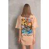 kadın Bisiklet Yaka Baskılı Oversize Kısa kol T-Shirt - Bej