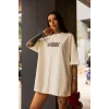 Kadın Bisiklet Yaka Baskılı Oversize  Kısa kol T-Shirt - Beyaz