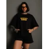 kadın Bisiklet Yaka Baskılı Oversize  Kısa kol T-Shirt - Siyah