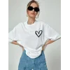 Kadın Tişört Bisiklet Yaka Baskılı Oversize T-Shirt - Beyaz