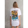 kadın Bisiklet Yaka Baskılı Oversize T-Shirt - Beyaz