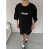 Kadın Kısa Kol Yazlık Tişört Bisiklet Yaka Baskılı Oversize T-Shirt -  Siyah
