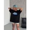 Kadın Kısa Kol Yazlık Tişört Bisiklet Yaka Baskılı Oversize T-Shirt - Siyah