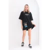 kadın  Bisiklet Yaka Baskılı Oversize T-Shirt - Siyah