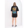 kadın  Bisiklet Yaka Baskılı Oversize T-Shirt - Siyah