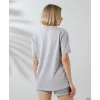 Kadın Bisiklet Yaka Baskılı Slim Fit T-Shirt - Boyalı Gri