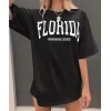 Kadın Kısa Kol Yazlık Tişört Bisiklet Yaka FLORIDA Baskılı T-Shirt - Siyah