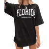 Kadın Kısa Kol Yazlık Tişört Bisiklet Yaka FLORIDA Baskılı T-Shirt - Siyah