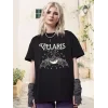 Kadın Baskılı T-Shirt Kısa Kol Bisiklet Yaka Oversize Rahat Kalıp Tişört - Siyah