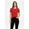Kadın Bisiklet Yaka Slim Fit Likralı Tişört - Kırmızı