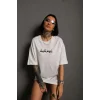 Kadın Bisiklet Yakalı Sırt Baskılı  Kısa kol Oversize T-Shirt - Beyaz