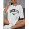 Kadın Brooklyn Baskılı Tişört Kısa Kol Bisiklet Yaka Oversize T-Shirt - Beyaz