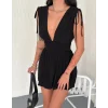 Kadın Derin V Yaka Etek Görünümlü Şortlu Elbise Drapeli Mini Yazlık - Siyah