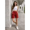 Kadın otoban Dokuma Kumaş Beli Lastikli, Cepli, Yazlık Şort - Turuncu