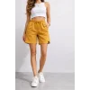 Kadın Dokuma otoban Şort Beli Lastikli Bağcıklı, Cepli, Rahat Kesim Günlük Yazlık Şort - Hardal