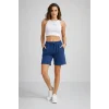 Kadın Dokuma otoban Şort Beli Lastikli Bağcıklı, Cepli, Rahat Kesim Günlük Yazlık Şort - İndigo